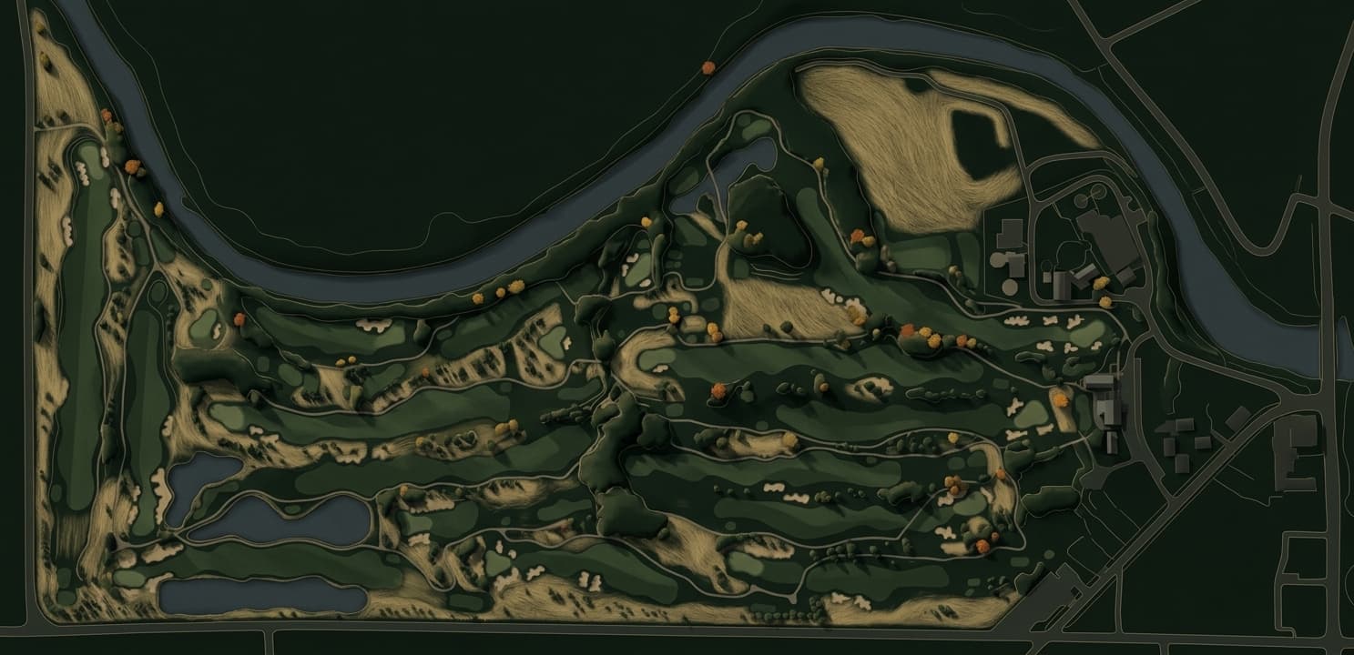 Illustrated overhead routing map of The Fortress: eighteen holes between golden fescue, the Cass River wrapping the north edge